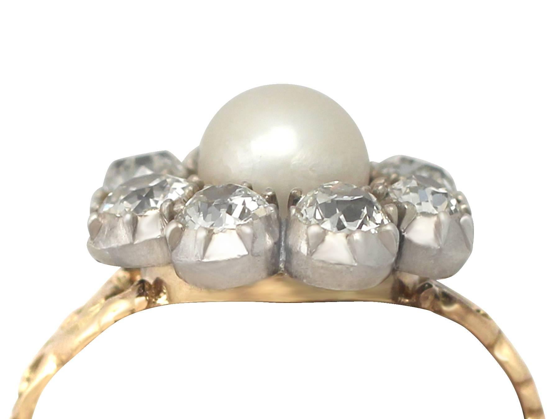A stunning, find and impressive antique natural pearl and 1.62 carat diamond, 15k yellow gold, silver set dress ring from the Regency Period; part of our diverse antique jewellery and estate jewelry collections

This stunning, fine and impressive