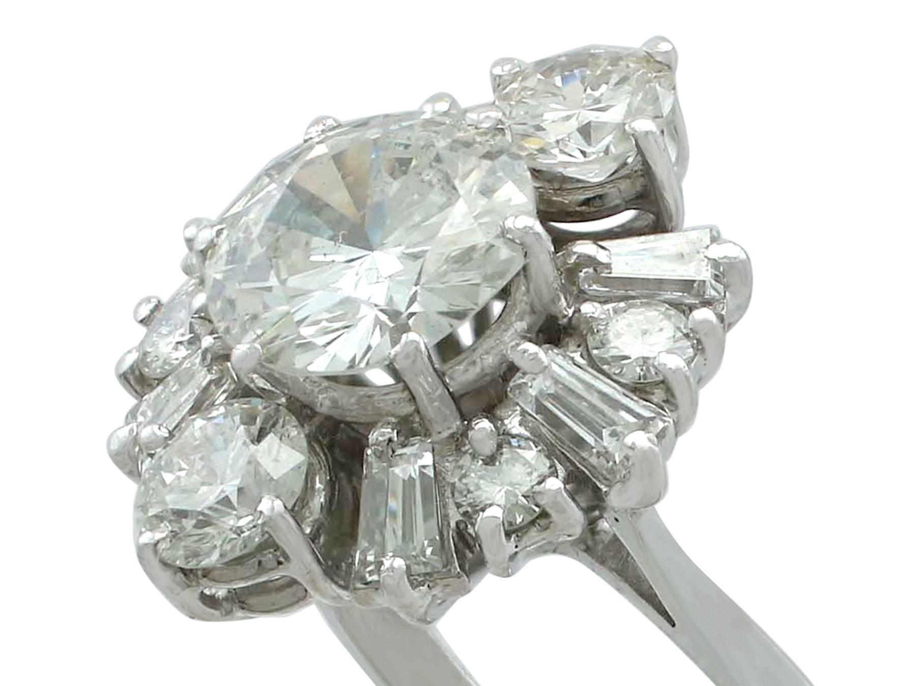 Art Deco 1950s 3.17 Carat Diamond and White Gold Cluster Ring