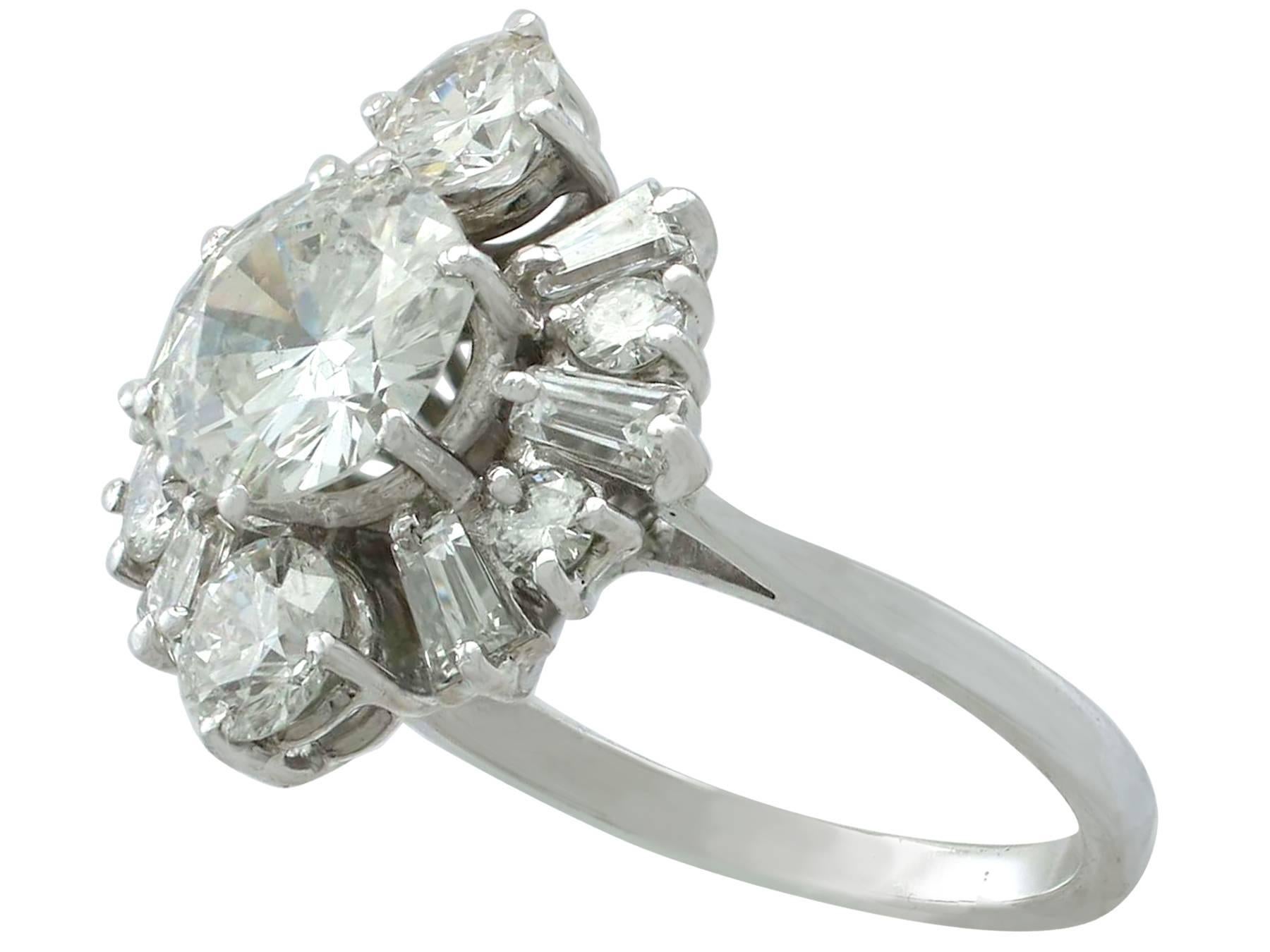Round Cut 1950s 3.17 Carat Diamond and White Gold Cluster Ring