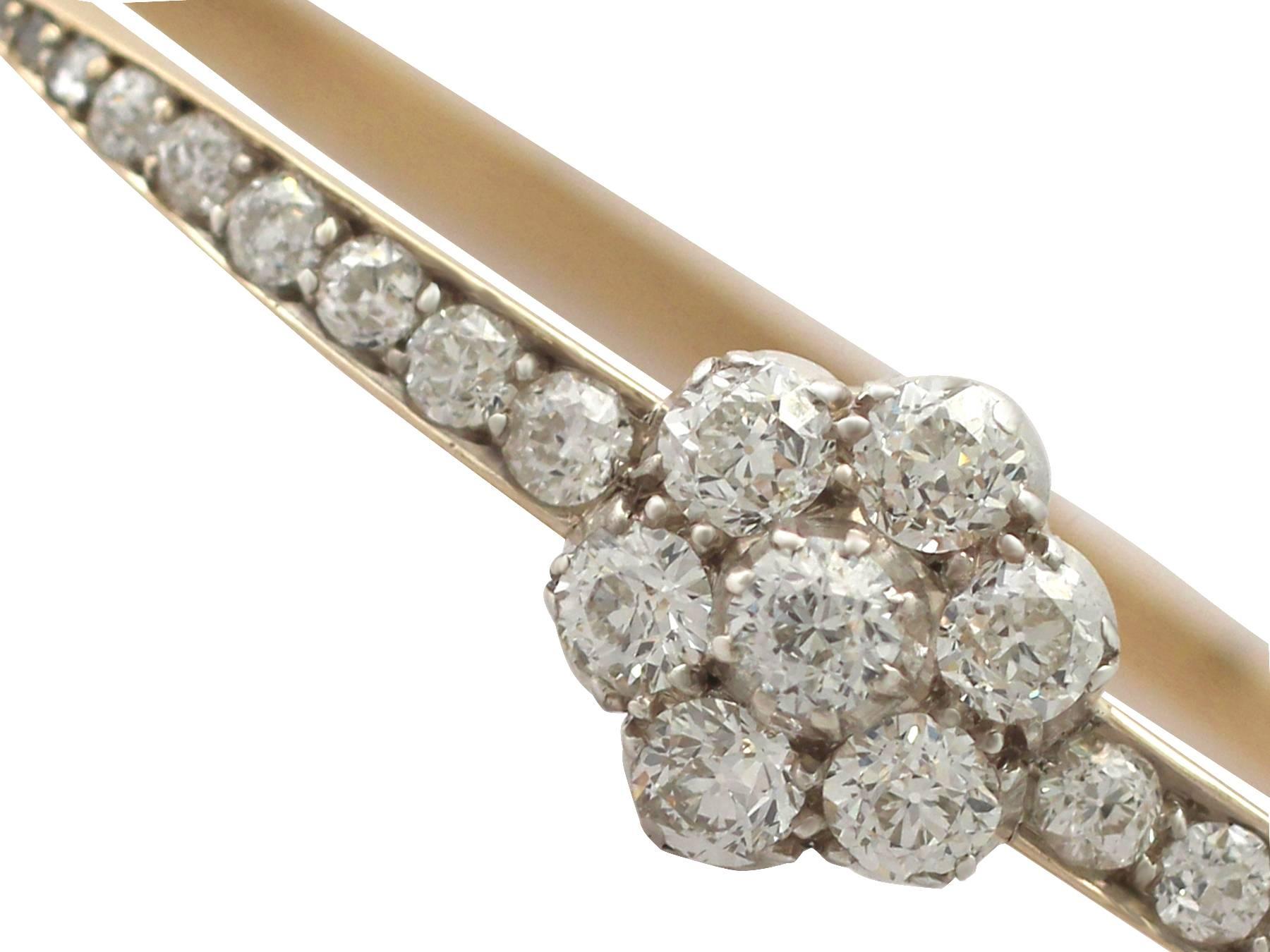 A stunning, fine and impressive antique Victorian 2.88 carat diamond and 15 karat yellow gold, silver set bangle; part of our diverse antique jewelry and estate jewelry collections

This stunning, fine and impressive antique diamond bangle has