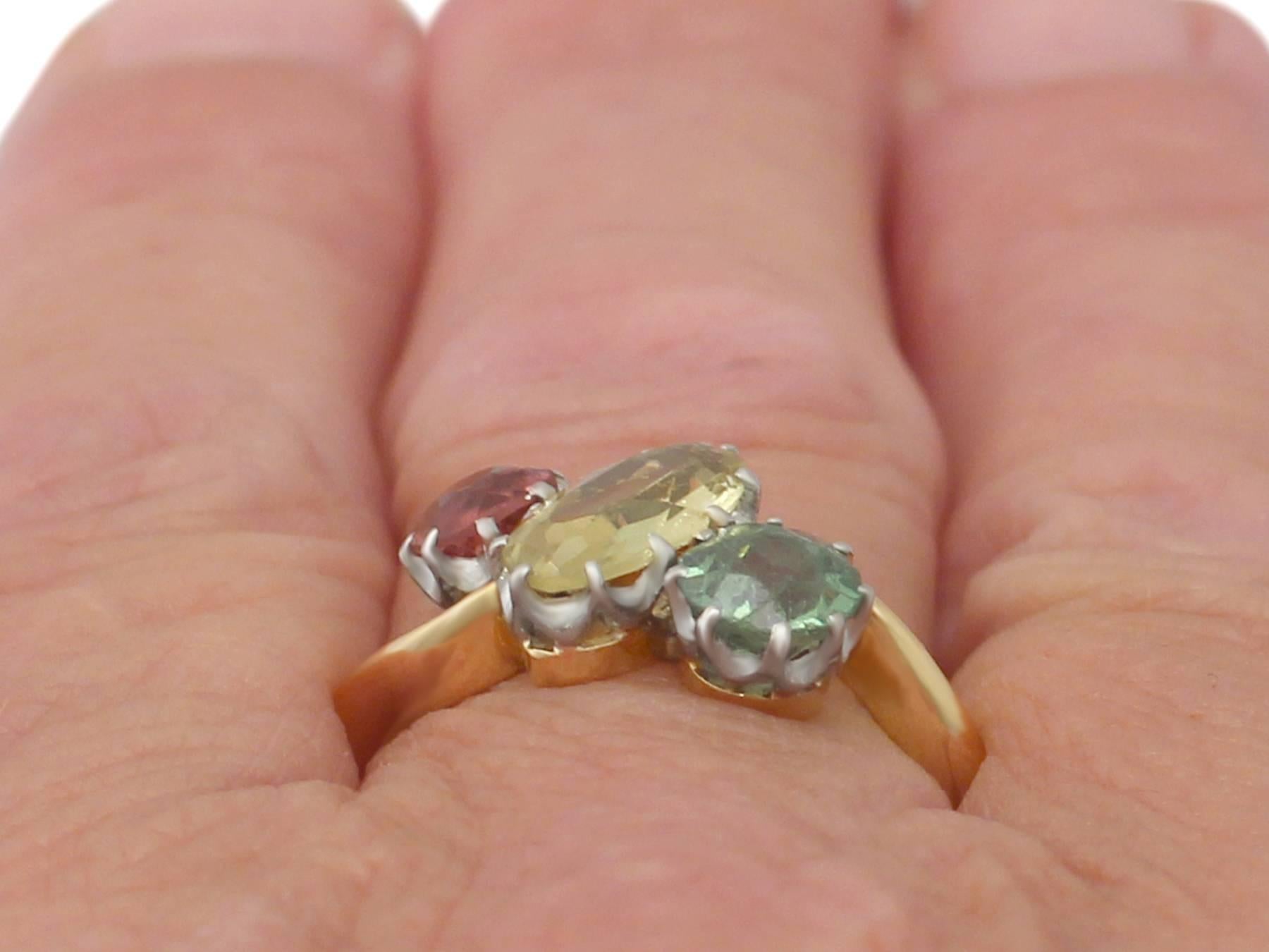 1910s Sapphire, Garnet and Tourmaline and 18k Yellow Gold Trilogy Ring 4