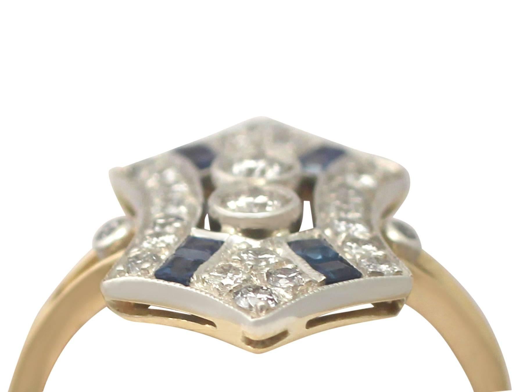 A fine and impressive 0.16 carat blue sapphire and 0.72 carat diamond, 18k yellow gold, silver set dress ring in the Art Deco style; part of our antique jewellery and estate jewelry collections

This fine and impressive antique sapphire and