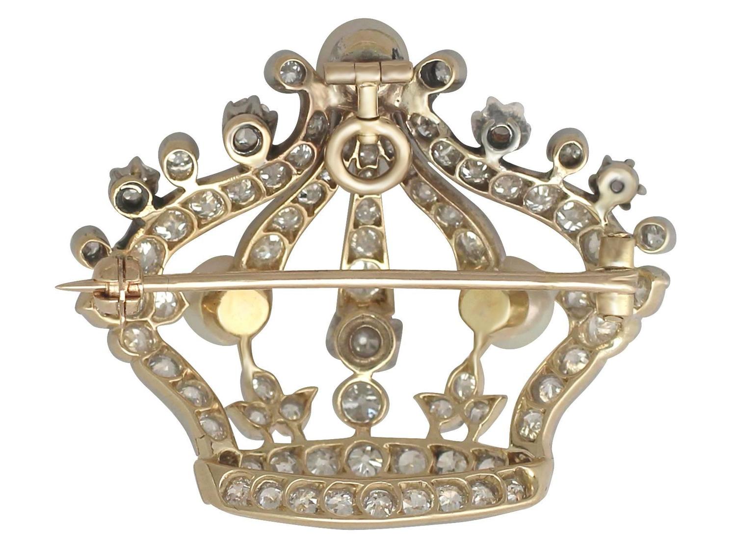 Pearl and 2.63 Carat Diamond, 14k Yellow Gold 'Crown' Brooch For Sale