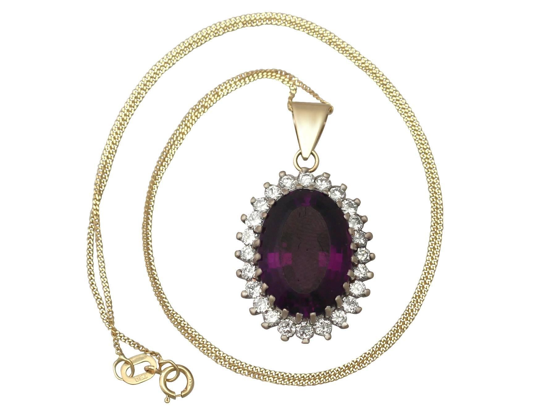A fine and impressive vintage 11.50 carat amethyst and 0.96 carat diamond, 15k yellow gold and 15k white gold set cluster pendant; part of our diverse vintage jewellery and estate jewelry collections.

This fine and impressive amethyst pendant has