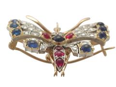 Diamond and Sapphire, Ruby and 18k Yellow Gold Butterfly Brooch