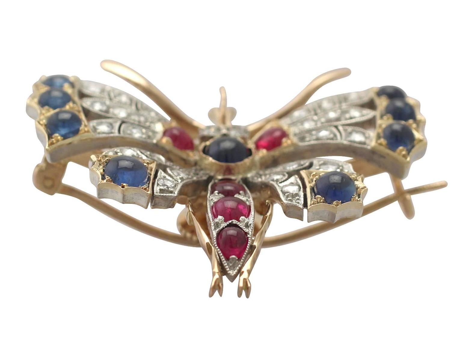 Diamond and Sapphire, Ruby and 18k Yellow Gold Butterfly Brooch For