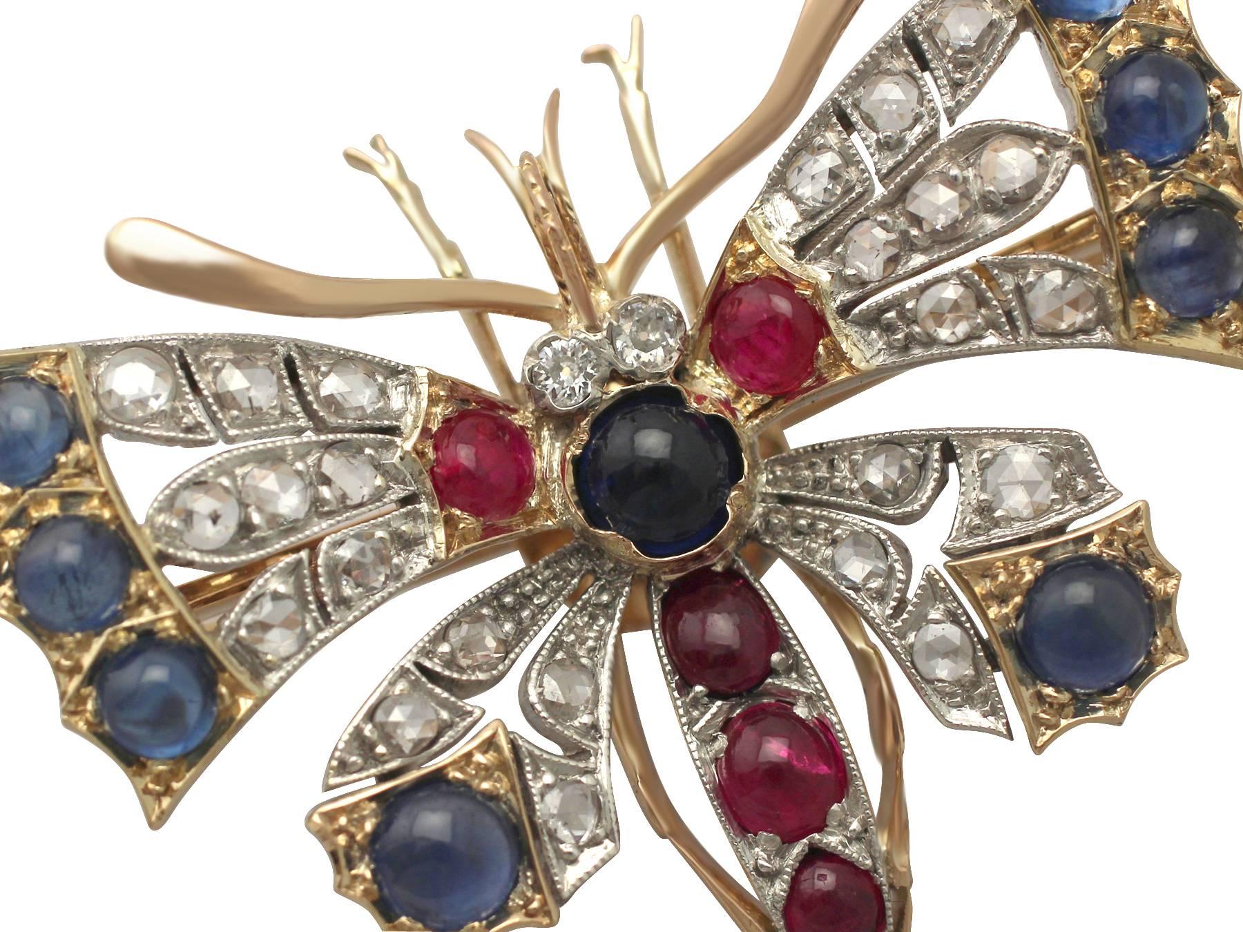 Diamond and Sapphire, Ruby and 18k Yellow Gold Butterfly Brooch In Excellent Condition In Jesmond, Newcastle Upon Tyne