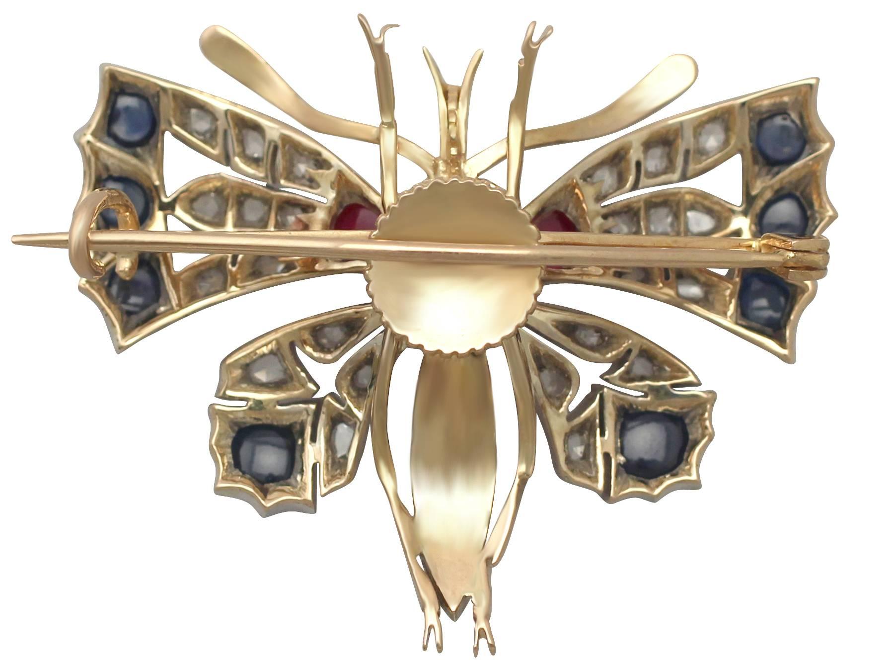 Women's Diamond and Sapphire, Ruby and 18k Yellow Gold Butterfly Brooch