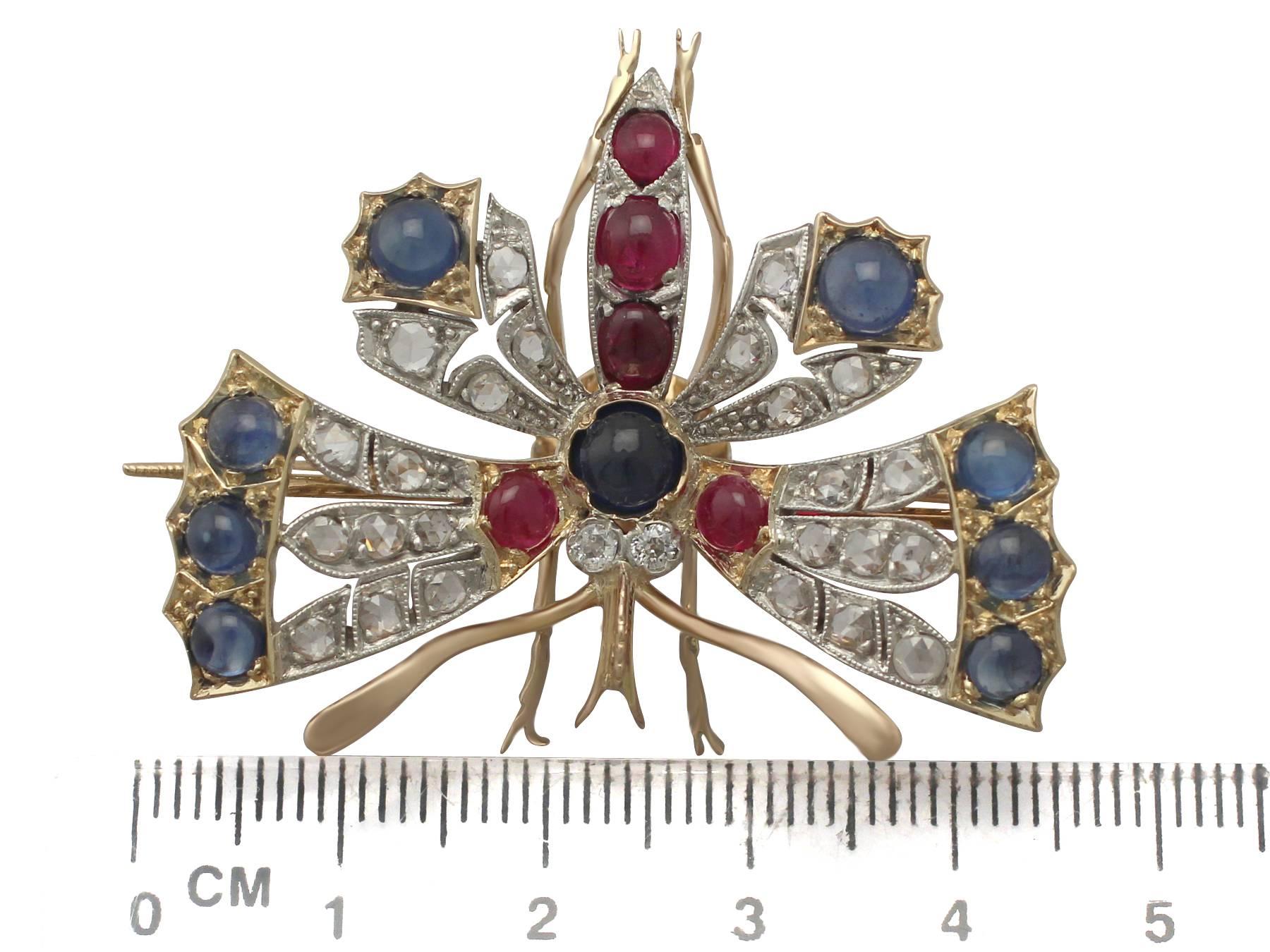 Diamond and Sapphire, Ruby and 18k Yellow Gold Butterfly Brooch 3