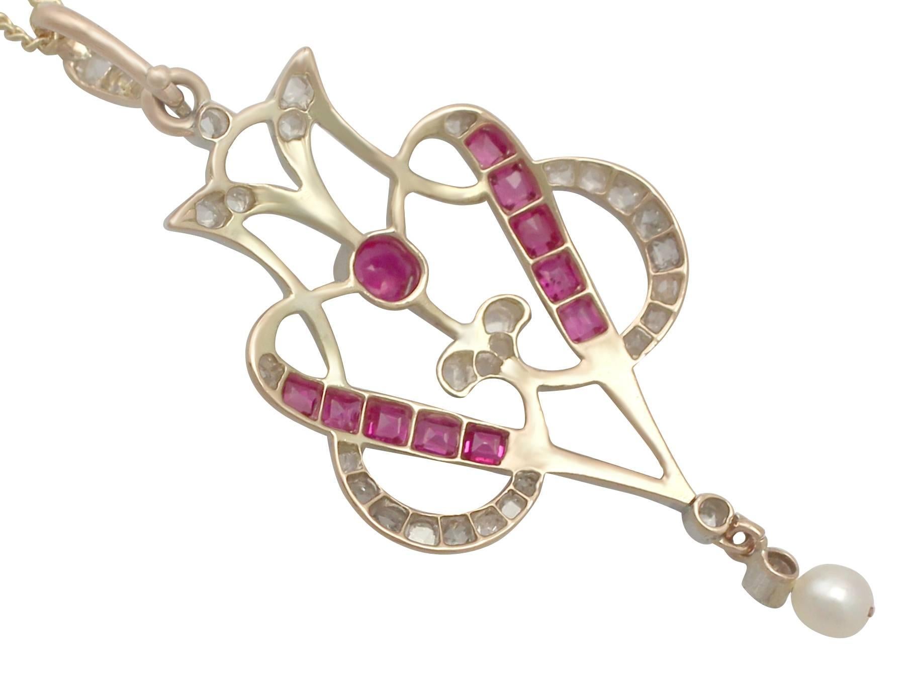 Women's Victorian 0.60 Carat Ruby, 0.29 Carat Diamond, Pearl and 14 Karat Gold Pendant