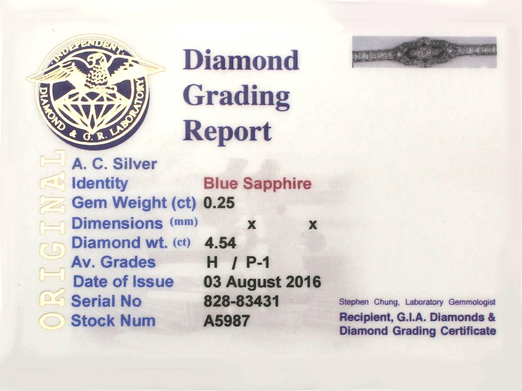 4.54 Ct Diamond and 0.25 Ct Sapphire, Platinum Bracelet - Art Deco  5
