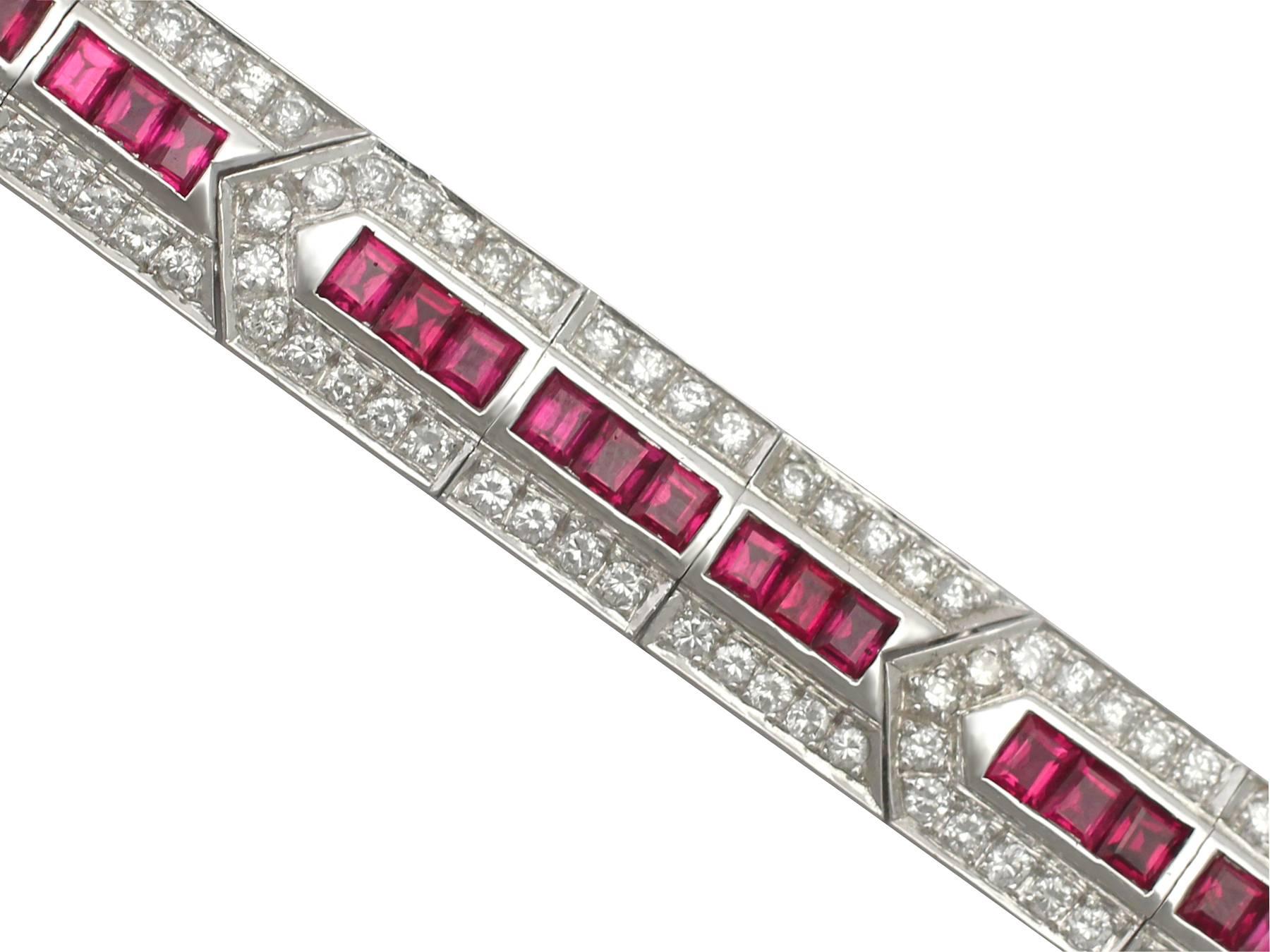 A stunning, fine and impressive  Austrian 3.65 carat ruby and 3.55 carat diamond, 18 karat white gold bracelet; part of our diverse jewelry and estate jewelry collections.

This stunning, fine and impressive ruby and diamond bracelet has been