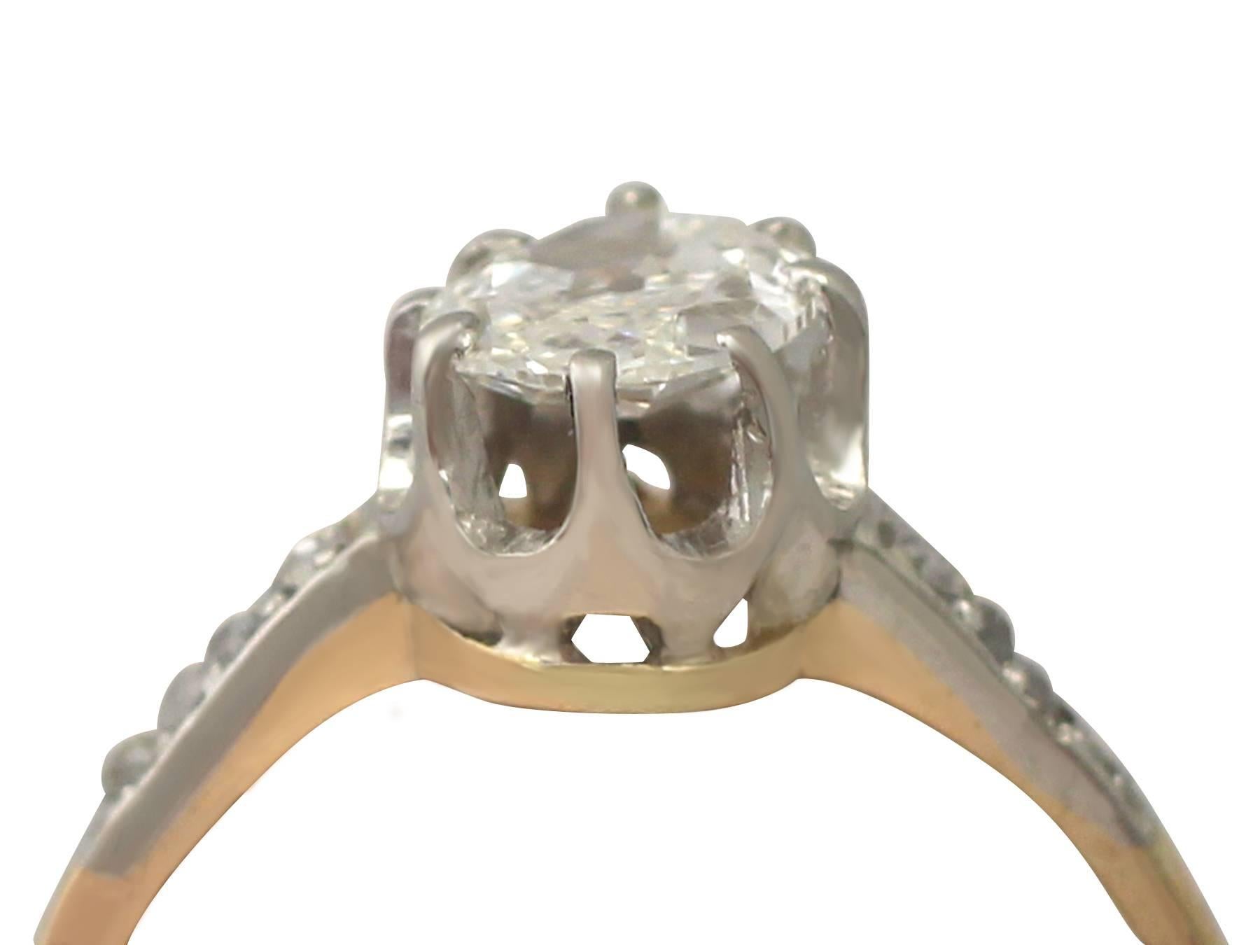  fine and impressive antique French 0.91 carat diamond (total) and 18 karat yellow gold, platinum set solitaire ring; part of our diverse antique jewelry and estate jewelry collections.

This fine and impressive diamond solitaire ring has been