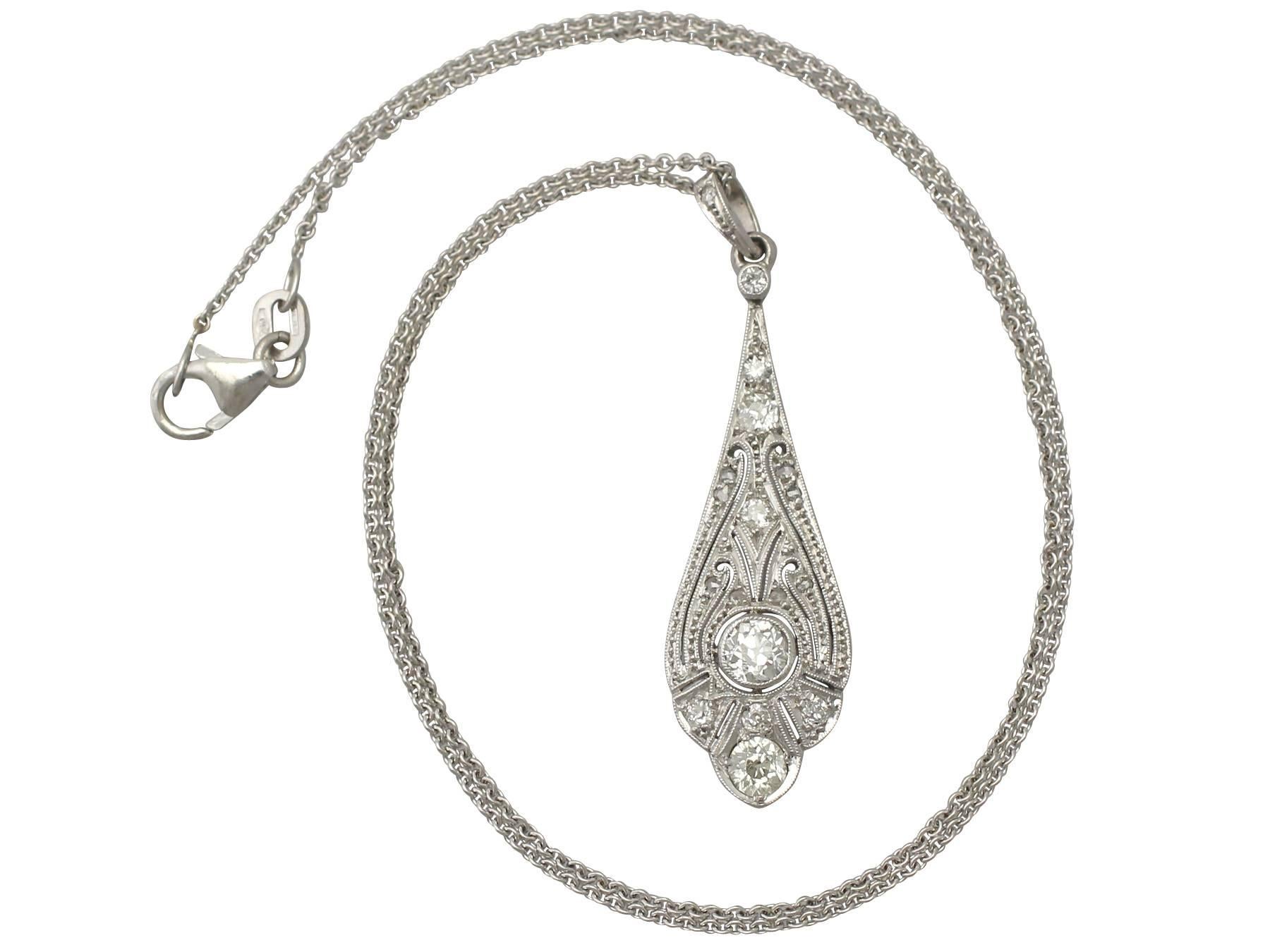 A fine and impressive antique Art Deco 0.75 carat (total) diamond and 18 karat white gold pendant; part of our diverse antique Art Deco diamond jewelry collection

This fine and impressive Art Deco diamond pendant has been crafted in 18k white