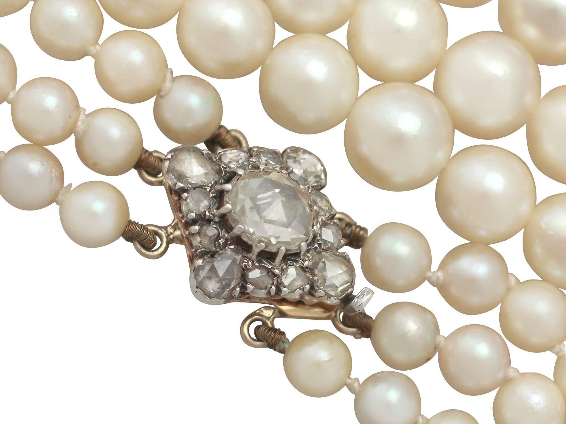 Three Strand Pearl Necklace with 2.11Ct Diamond, 18k Yellow Gold Clasp - Antique In Excellent Condition In Jesmond, Newcastle Upon Tyne