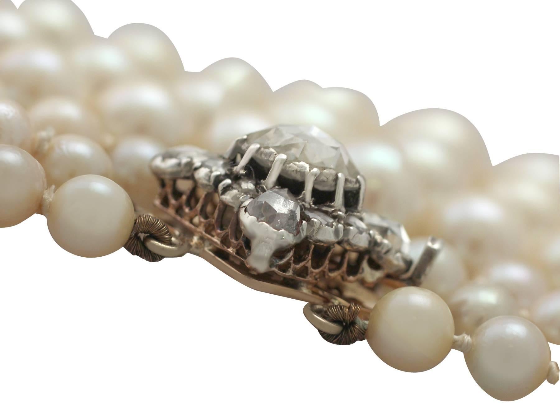 Women's or Men's Three Strand Pearl Necklace with 2.11Ct Diamond, 18k Yellow Gold Clasp - Antique