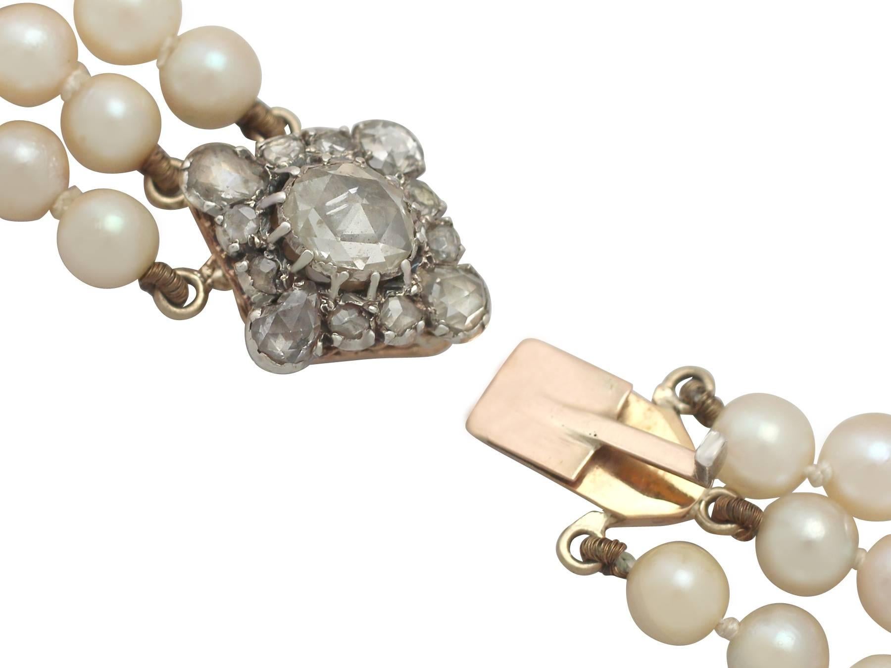 Three Strand Pearl Necklace with 2.11Ct Diamond, 18k Yellow Gold Clasp - Antique 1