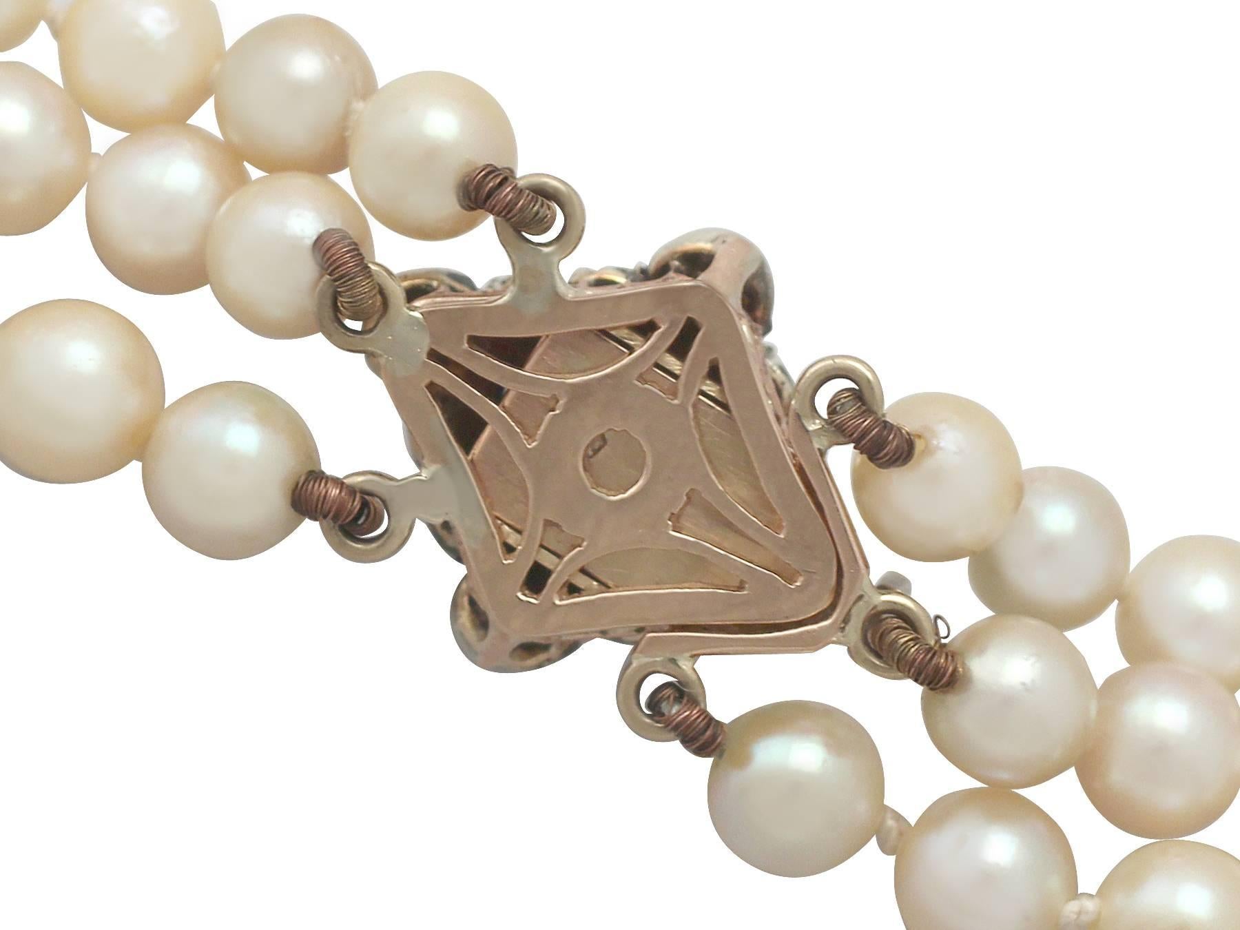Three Strand Pearl Necklace with 2.11Ct Diamond, 18k Yellow Gold Clasp - Antique 2
