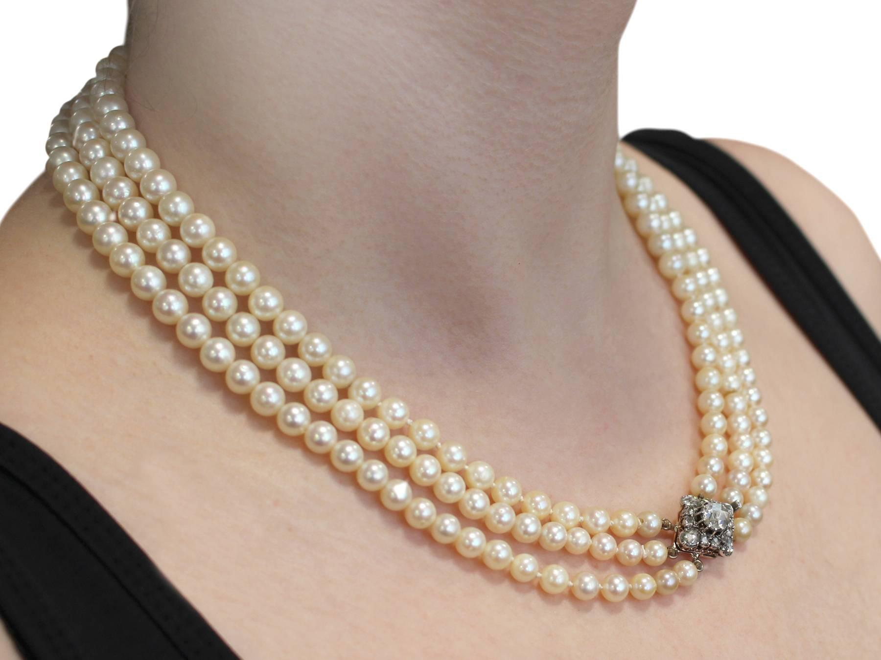 Three Strand Pearl Necklace with 2.11Ct Diamond, 18k Yellow Gold Clasp - Antique 4