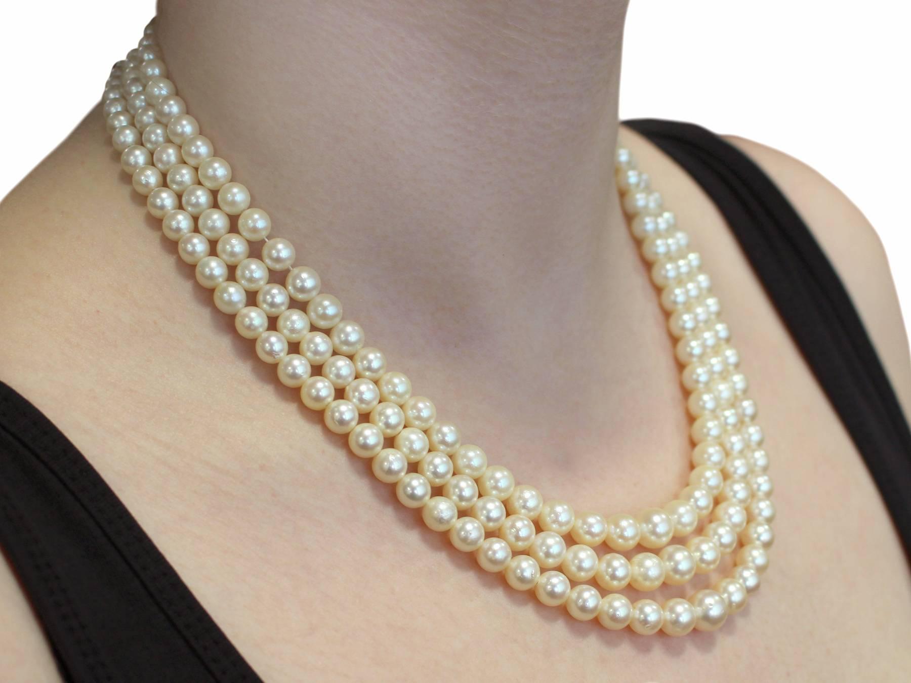 Three Strand Pearl Necklace with 2.11Ct Diamond, 18k Yellow Gold Clasp - Antique 5
