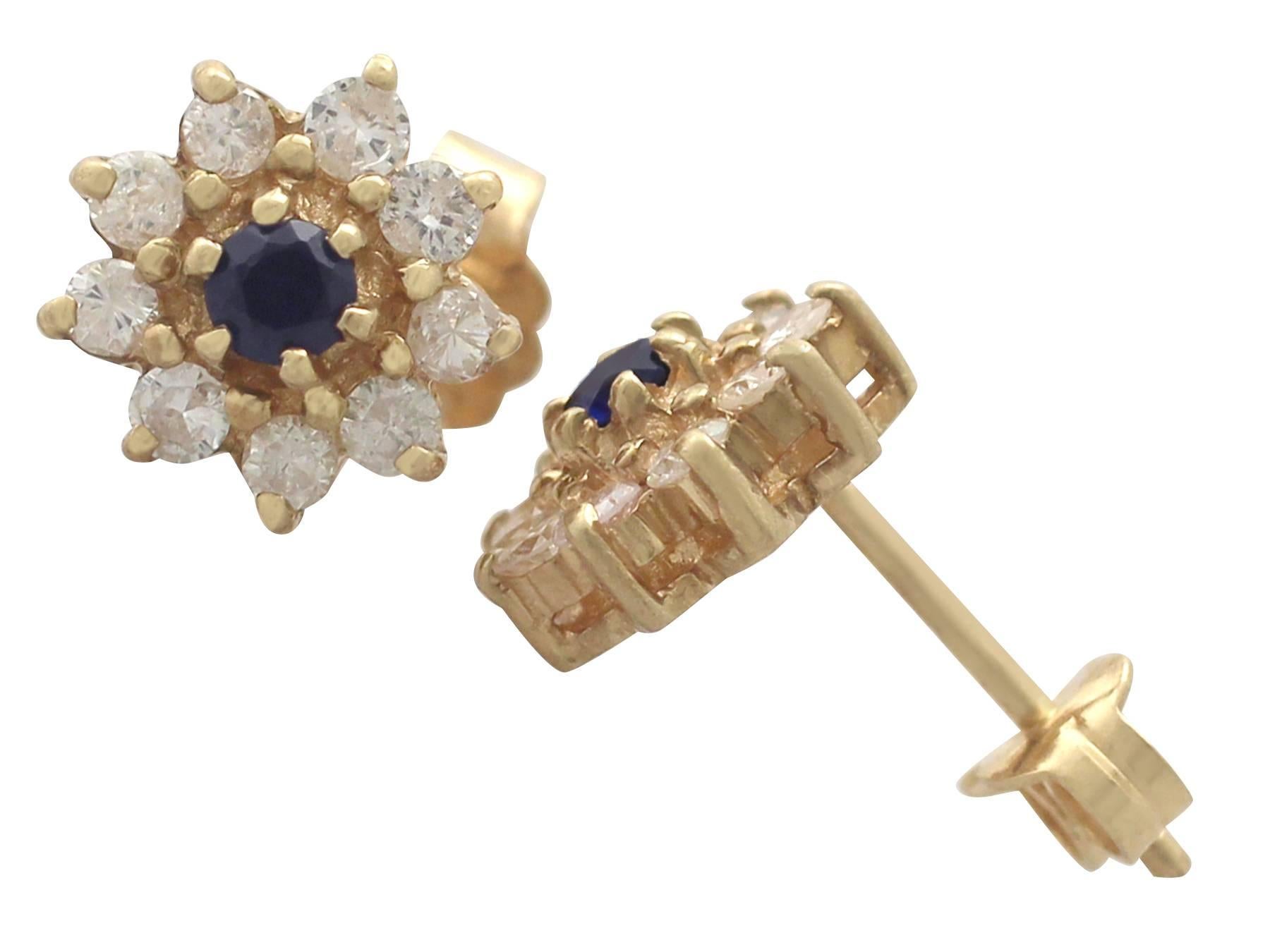 These fine and impressive sapphire and diamond cluster earrings have been crafted in 18 ct yellow gold.

The pierced decorated, cluster style frames are ornamented with a feature round cut blue sapphire six claw / prong set in relief to the centre