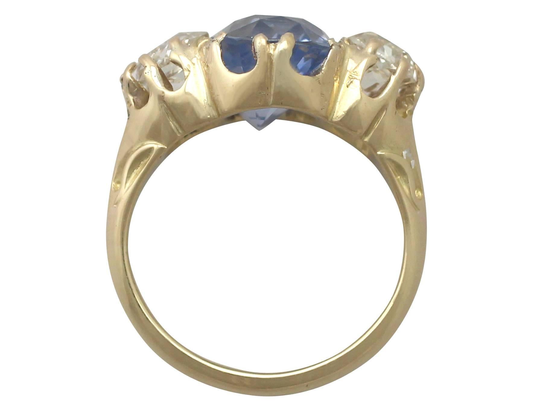 Antique 4.76 Carat Sapphire 1.05 Carat Diamond Yellow Gold Trilogy Ring 1