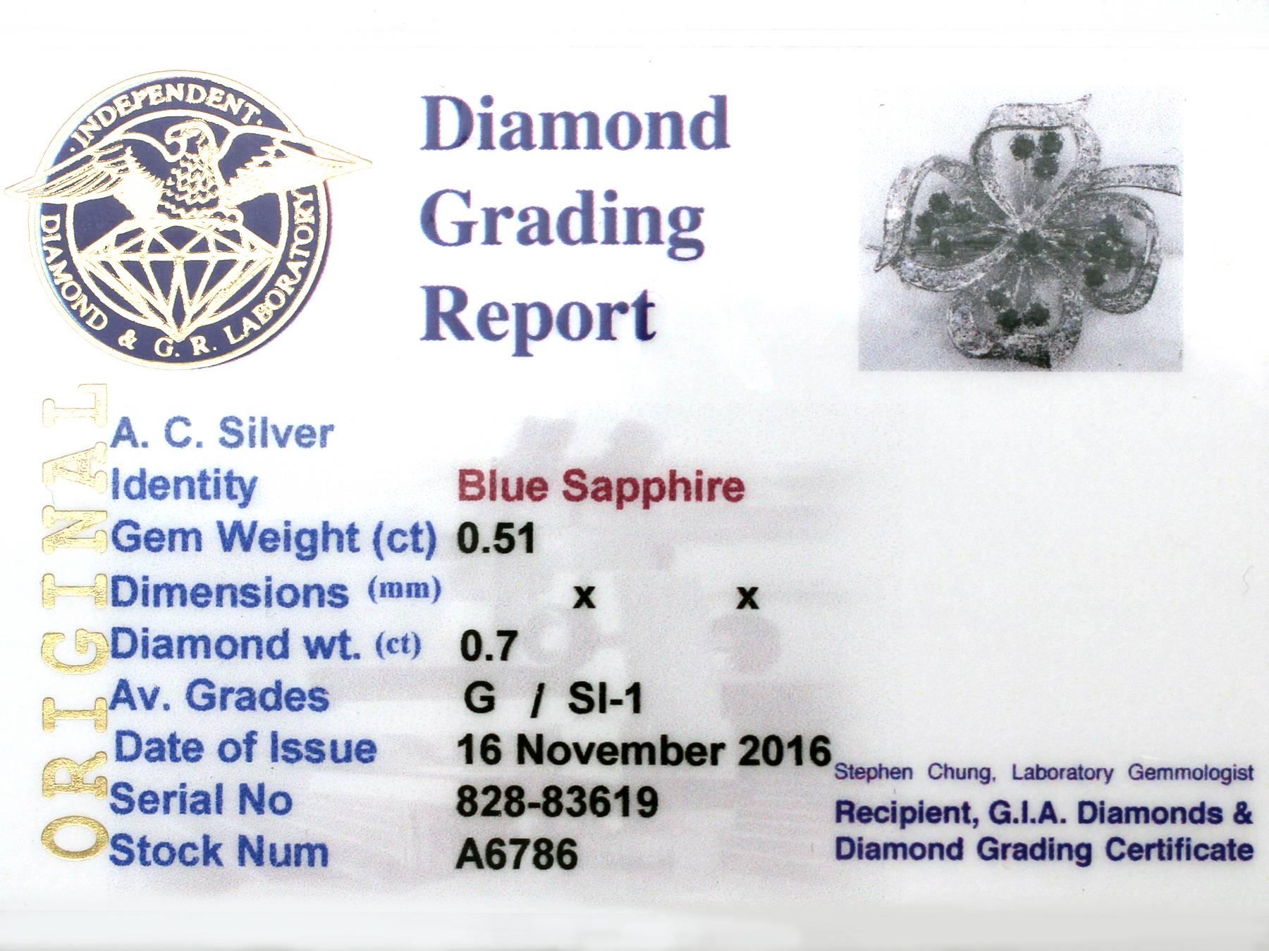 1971 0.70 Ct Diamond 0.51 Ct Sapphire White Gold Clover Brooch 3