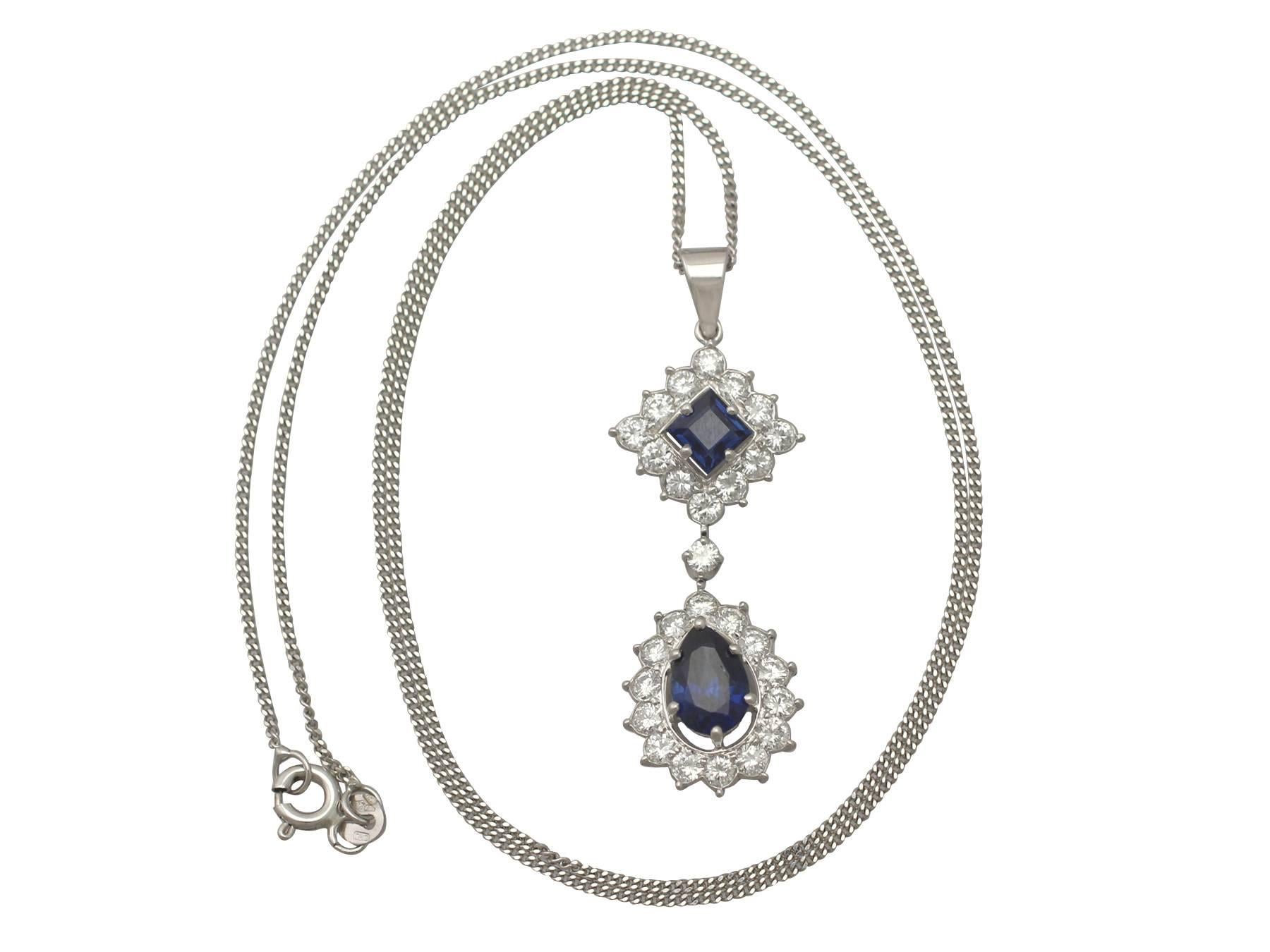 A stunning 2.02 carat blue sapphire and 1.43 carat diamond, platinum pendant with an 18 carat white gold chain.

This stunning, fine and impressive blue sapphire and diamond pendant has been crafted in platinum.

The pendant displays a pear cut