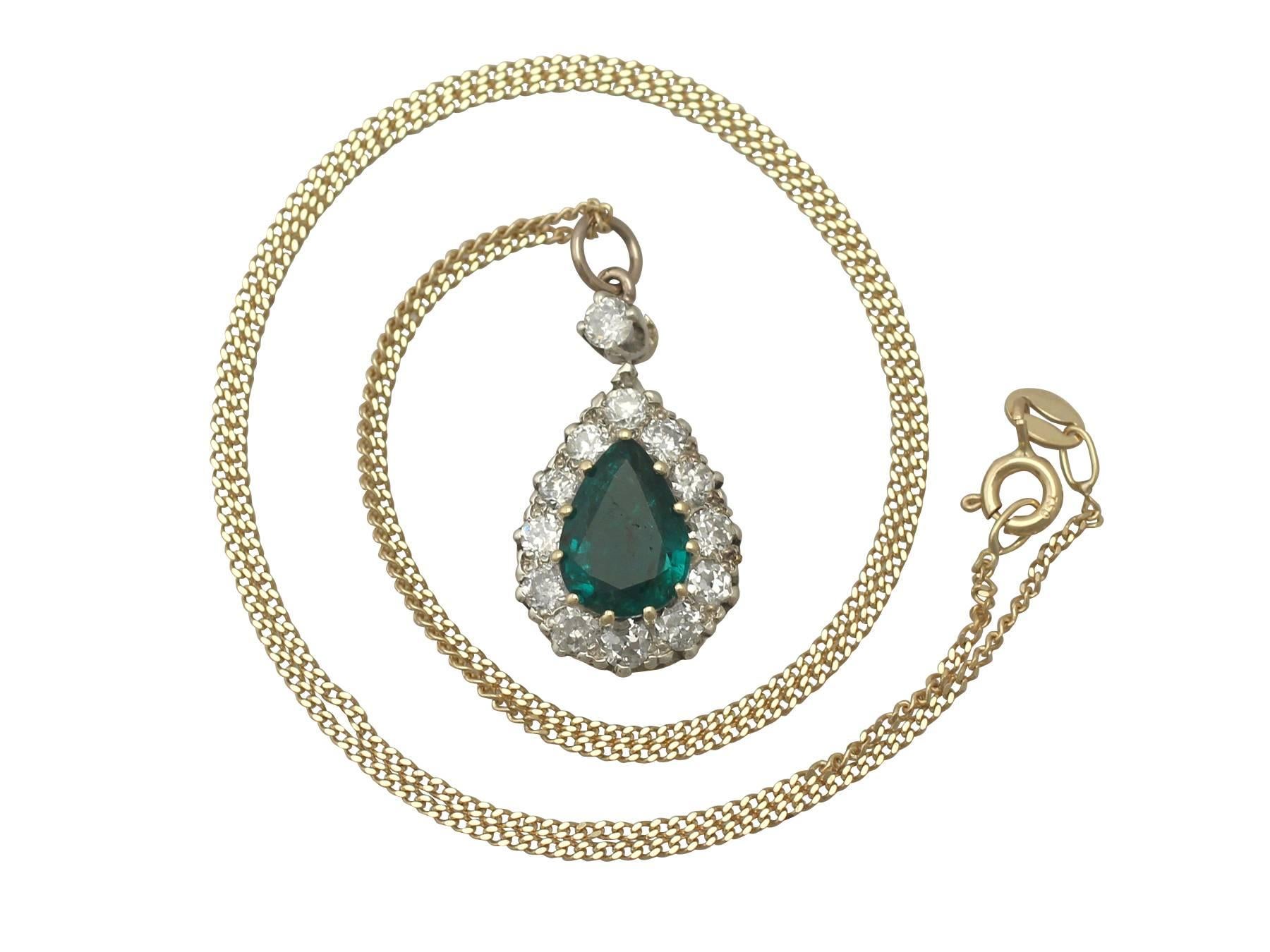 A stunning 2.09 carat emerald and 1.35 carat diamond, 9 carat yellow gold and silver set pendant; part of our diverse antique jewellery and estate jewelry collections.

This stunning, fine and impressive diamond and emerald pendant has been