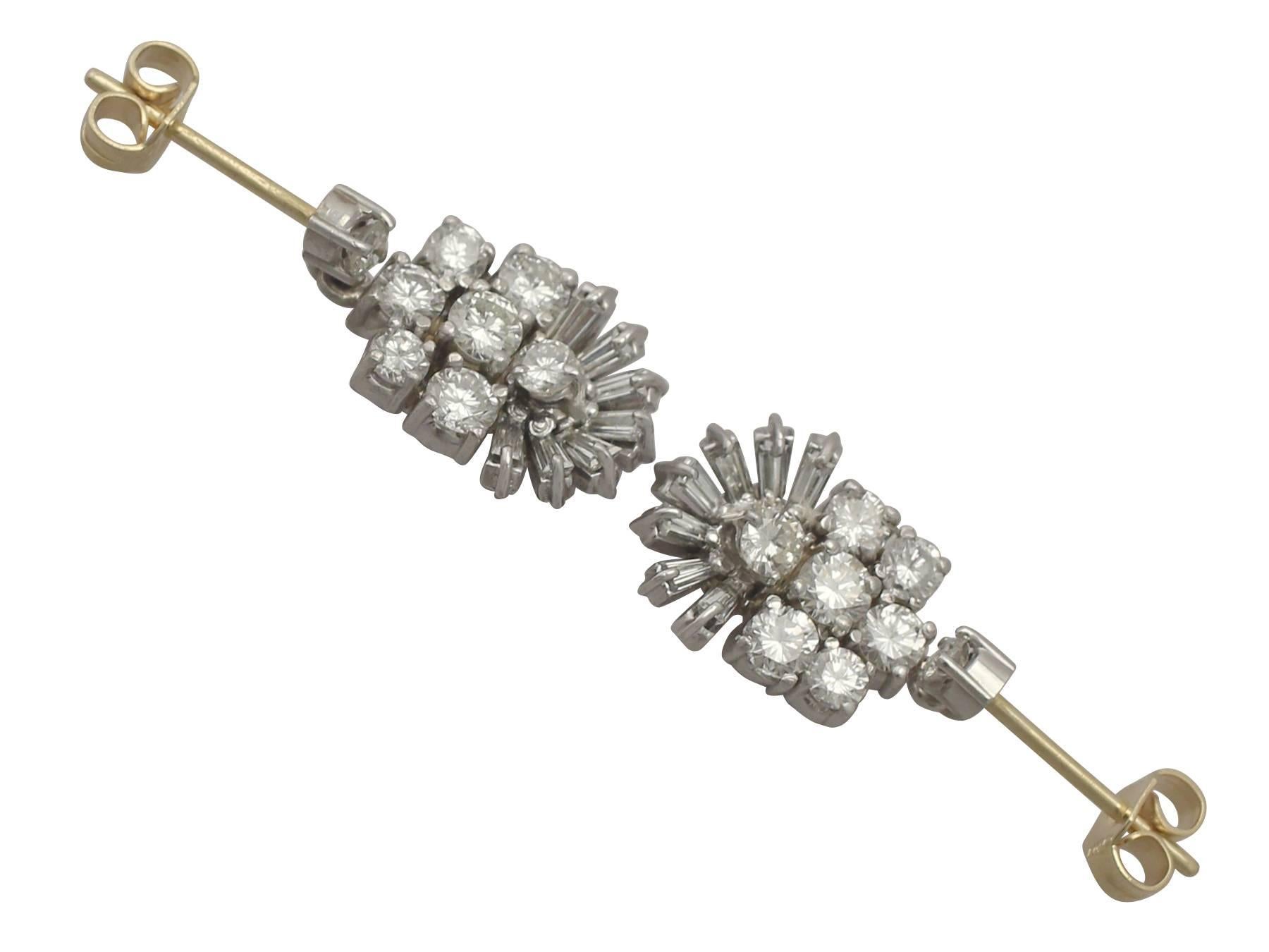 1.28 Carat Diamond and White Gold Drop Earrings 1960s 1