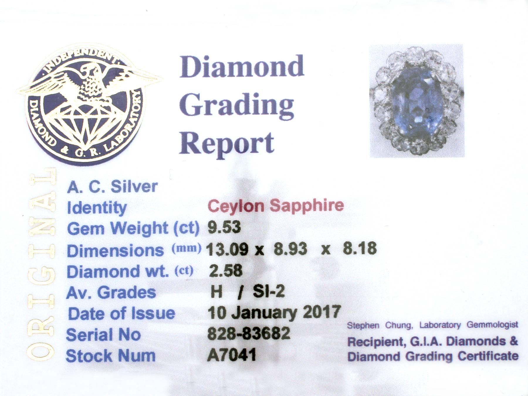 1940s 9.53 Carat Ceylon Sapphire and 2.58 Carat Diamond White Gold Cocktail Ring 3