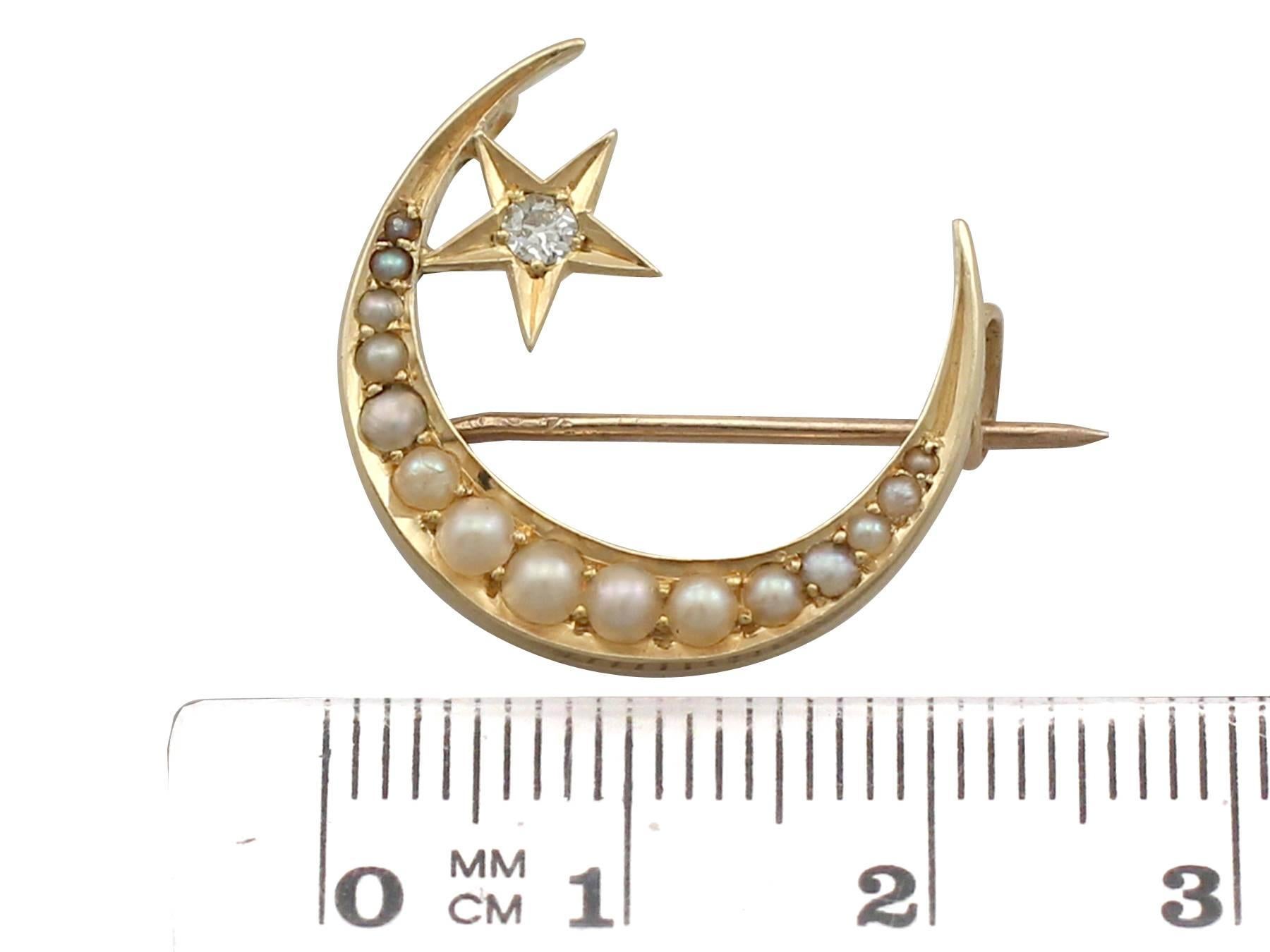 Antique 0.05 Carat Diamond and Seed Pearl, Yellow Gold Crescent Brooch 3