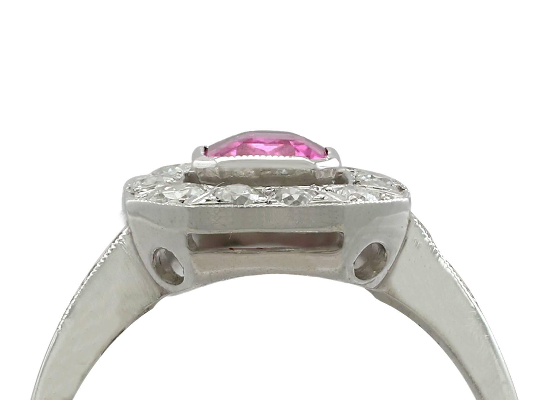 A fine and impressive 1.11 carat pink sapphire, 0.54 carat diamond and platinum cocktail ring; part of our diverse antique jewelry and estate jewelry collections.

This fine and impressive pink sapphire cocktail ring has been crafted in
