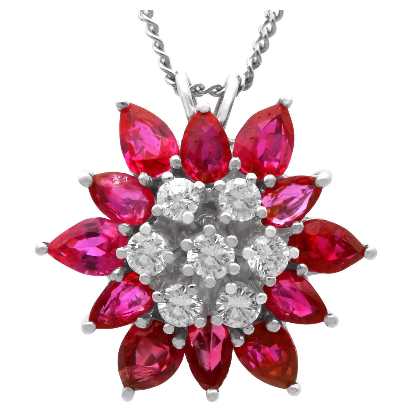 Pear Cut Ruby and Diamond Pendant in 18k White Gold For Sale