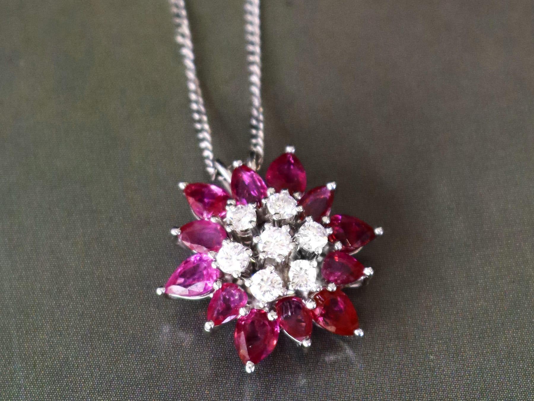 Women's or Men's Pear Cut Ruby and Diamond Pendant in 18k White Gold For Sale