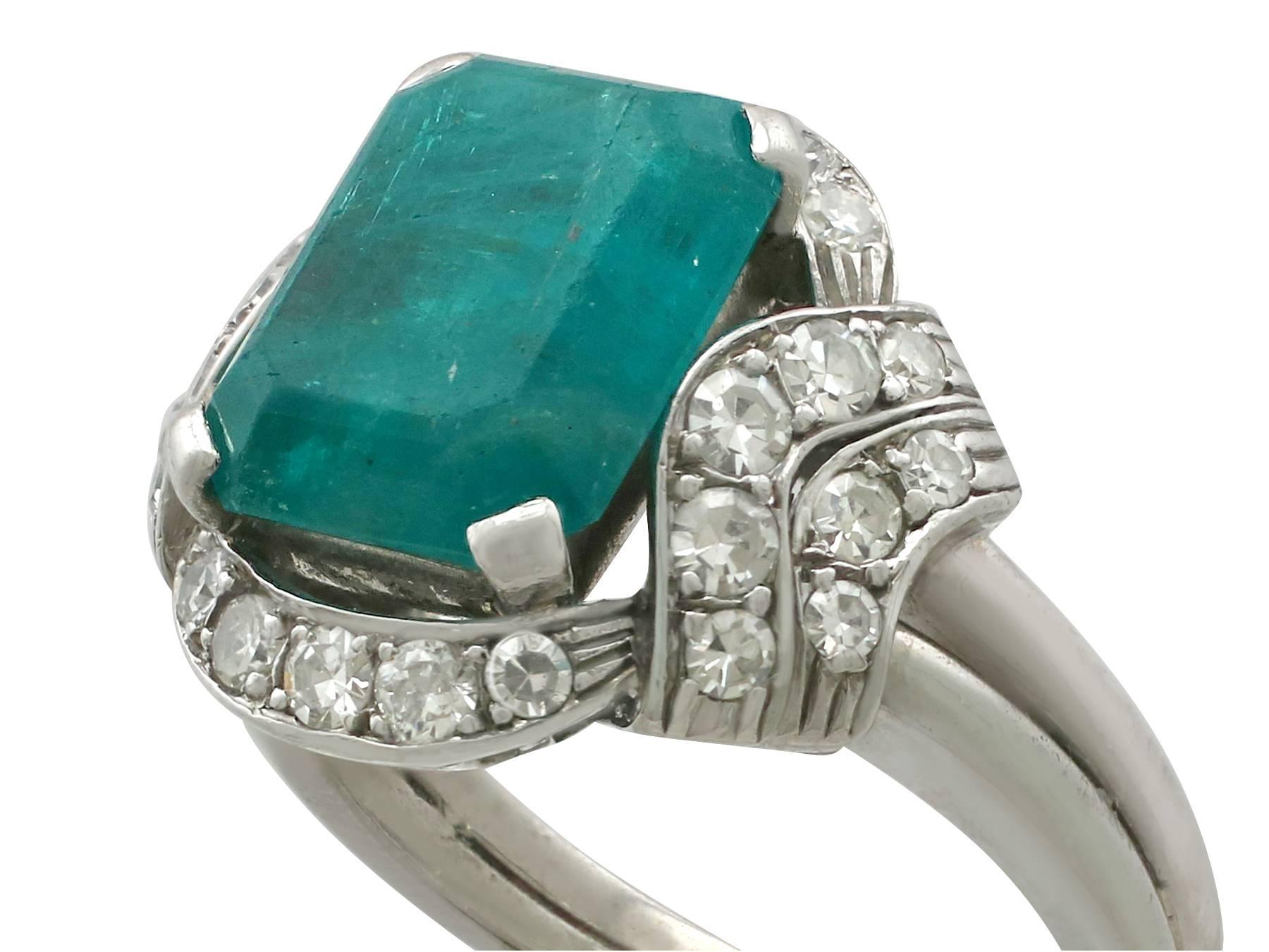 Art Deco 3.75 Carat Emerald Diamond Platinum Ring, 1950s