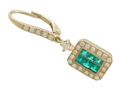 Vintage French 0.58 Carat Emerald 0.60 Carat Diamond 18 Karat Gold Drop Earrings