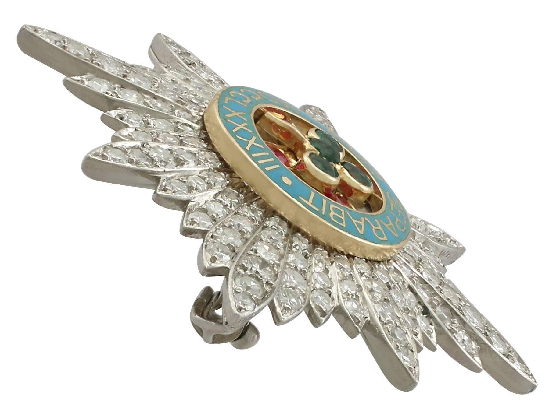 Women's or Men's 1940s Cartier 2.10 Carat Diamond Ruby Emerald Platinum Military Brooch  