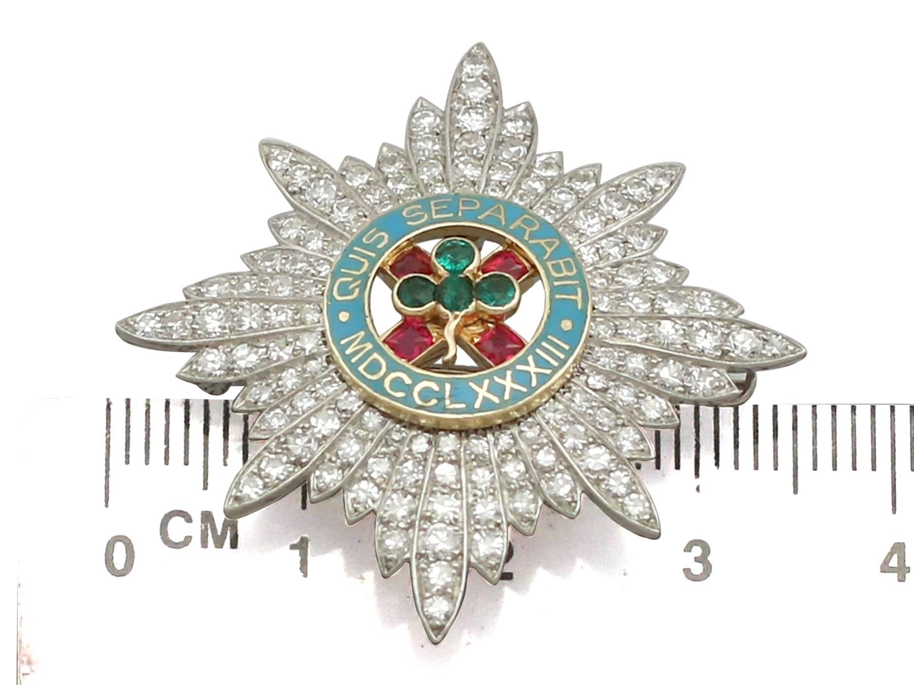 1940s Cartier 2.10 Carat Diamond Ruby Emerald Platinum Military Brooch   3