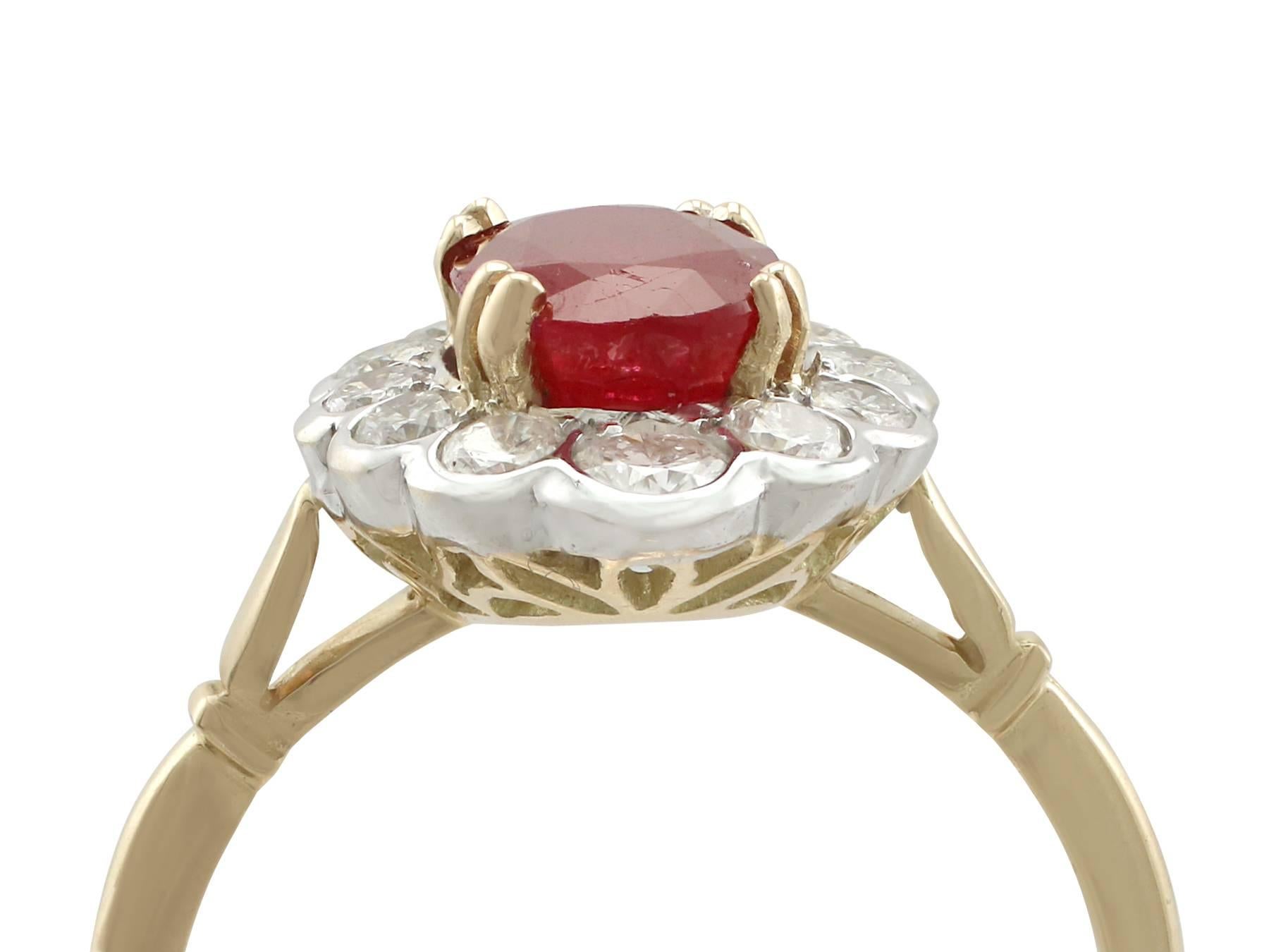 An impressive 2.17 carat ruby and 0.56 carat diamond, 18 carat yellow gold and 18 carat white gold set dress ring; part of our diverse vintage jewellery collections.

This fine and impressive ruby and diamond ring has been crafted in 18 ct yellow