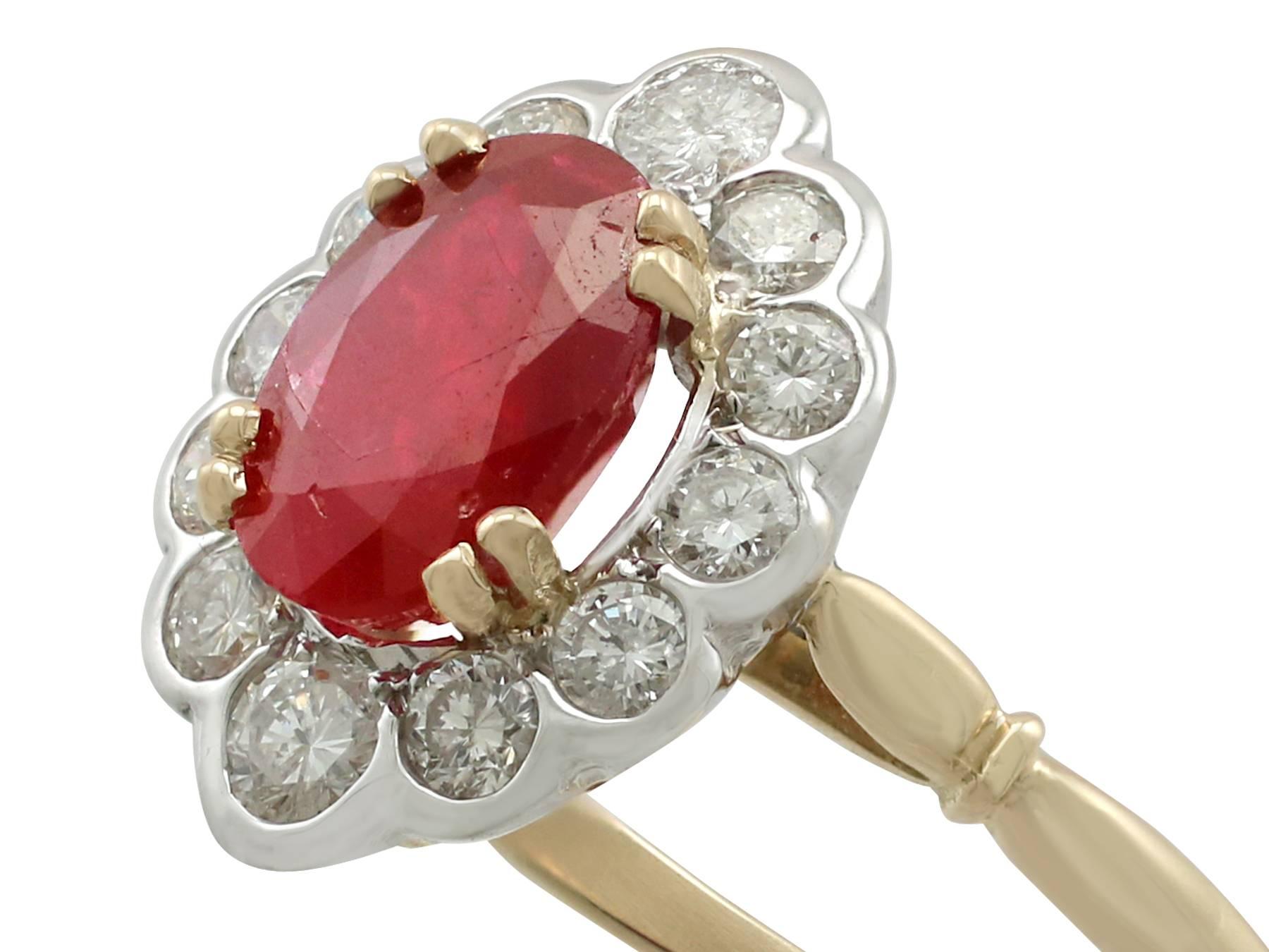 Round Cut 1950s 2.17 Carat Ruby and Diamond Yellow Gold Cocktail Ring