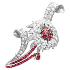1.48 Carat Ruby and 2.92 Carat Diamond Platinum Flower Brooch Circa 1950