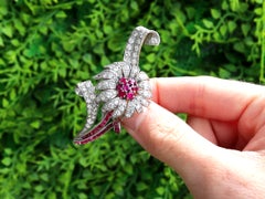 1.48 Carat Ruby and 2.92 Carat Diamond Platinum Flower Brooch Circa 1950