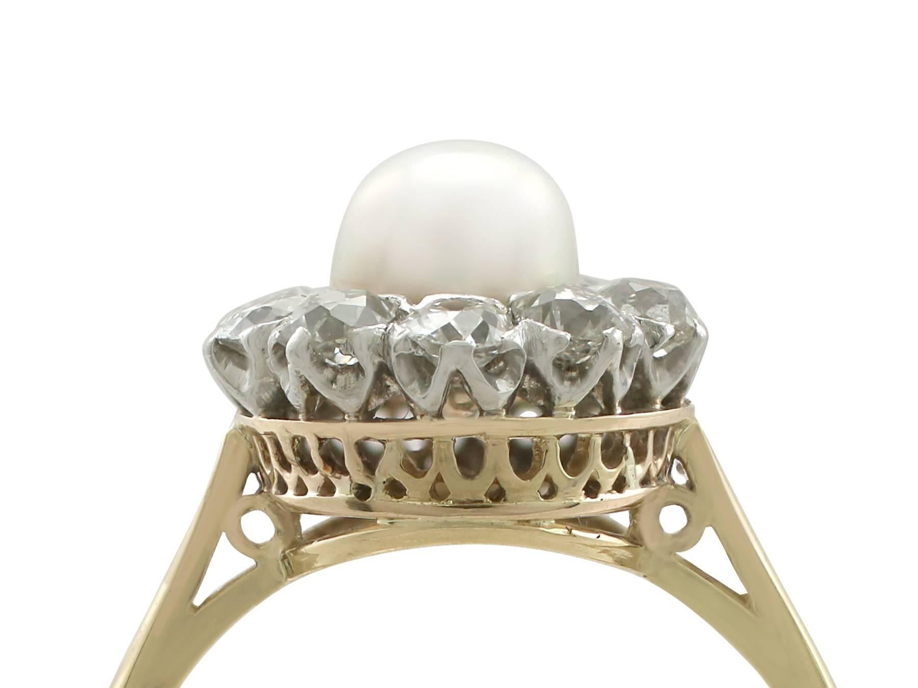 An impressive cultured pearl and 1.10 carat diamond, 18 carat yellow gold and 18 carat white gold set cluster ring; part of our diverse antique jewellery collections.

This fine and impressive pearl and diamond cluster ring has been crafted in 18 ct