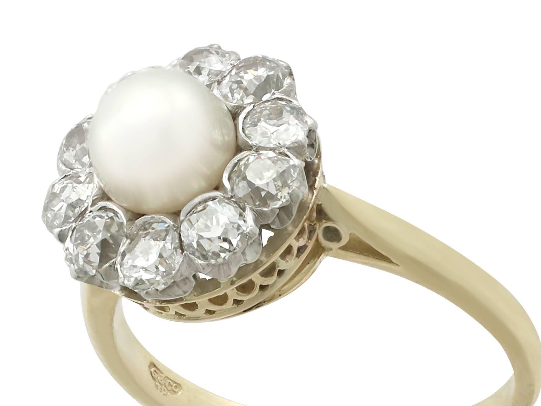 Round Cut 1920s Antique Cultured Pearl and 1.10 Carat Diamond Yellow Gold Cluster Ring