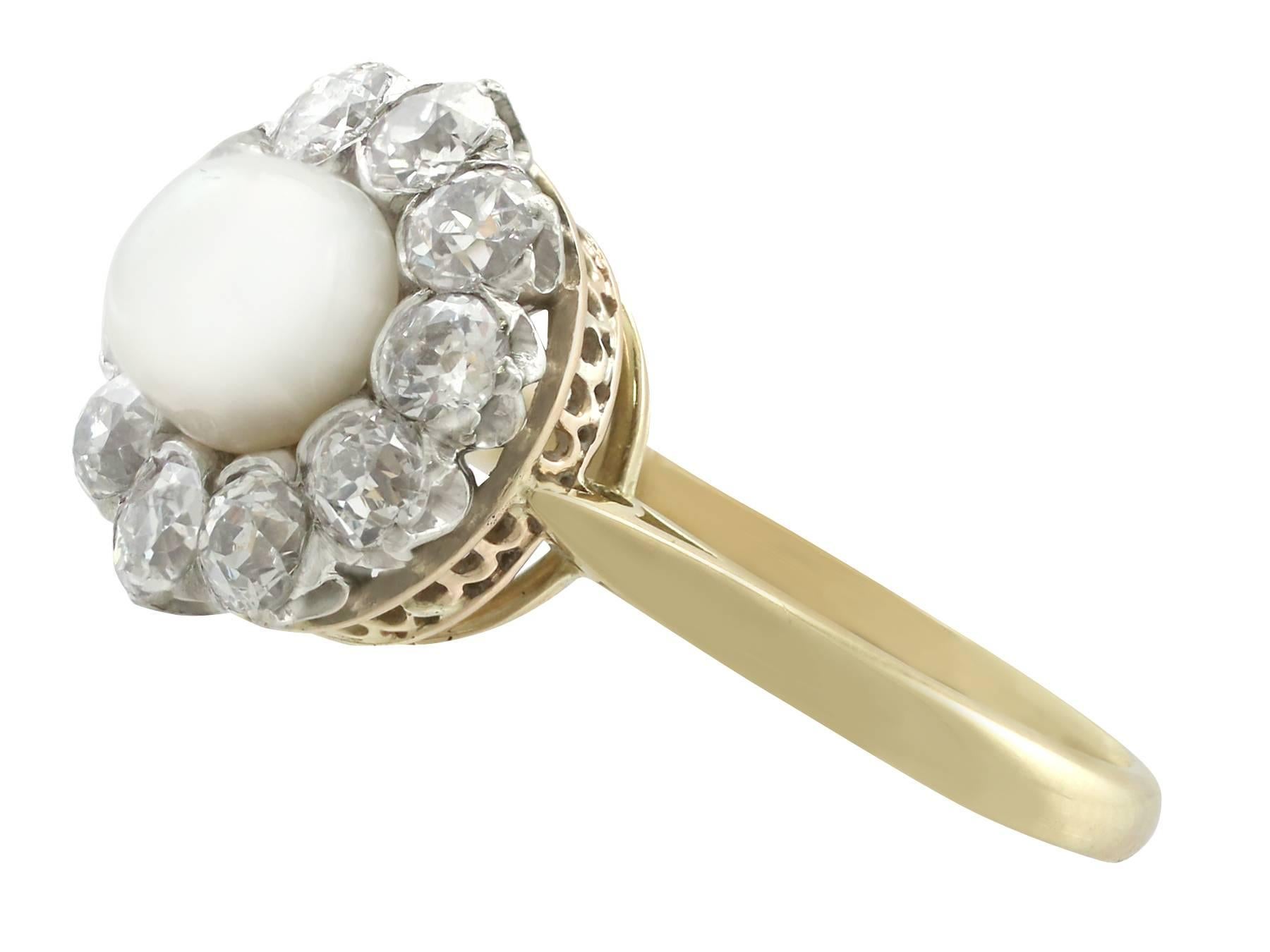 1920s Antique Cultured Pearl and 1.10 Carat Diamond Yellow Gold Cluster Ring In Excellent Condition In Jesmond, Newcastle Upon Tyne