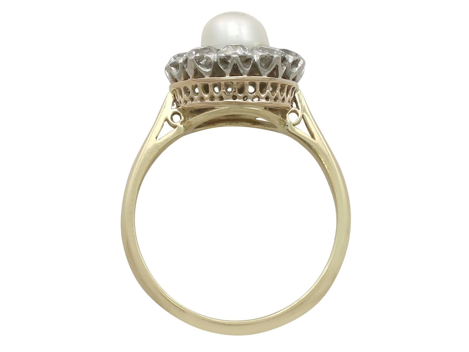 Women's or Men's 1920s Antique Cultured Pearl and 1.10 Carat Diamond Yellow Gold Cluster Ring
