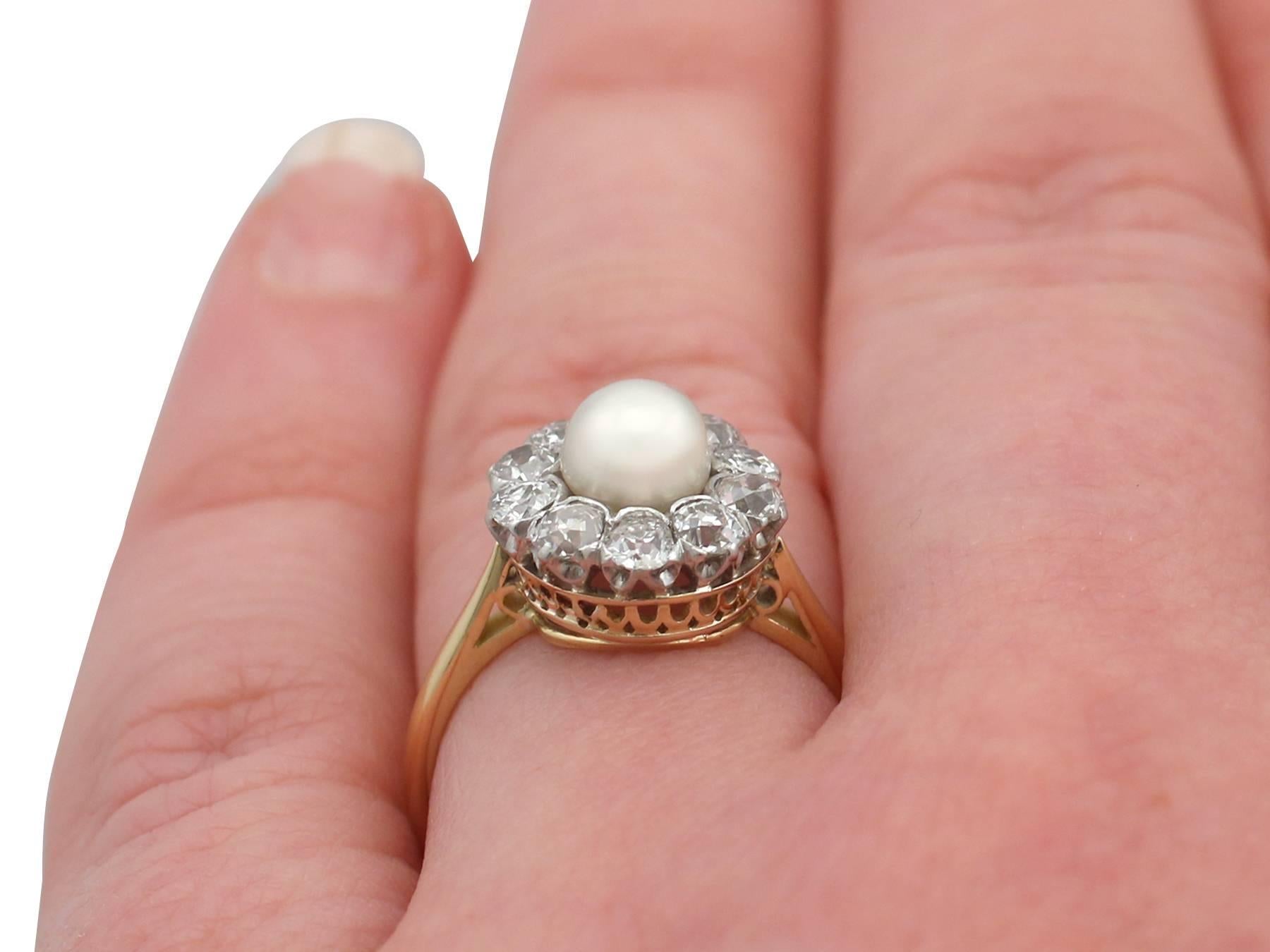 1920s Antique Cultured Pearl and 1.10 Carat Diamond Yellow Gold Cluster Ring 4