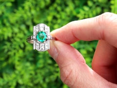Art Deco 0.60 Carat Colombian Emerald 0.30 Carat Diamond 14k White Gold Ring
