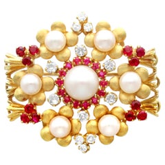 Pearl 0.75 Carat Ruby 0.42 Carat Diamond 18k Yellow Gold Brooch Circa 1950